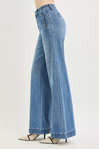 RISEN Tummy Control Elastic Band High Rise Wide Jeans - Bitsy Gypsy Boutique