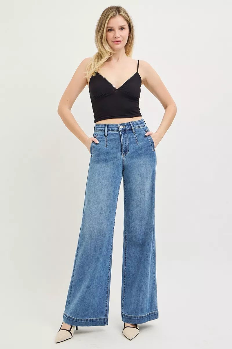 RISEN Tummy Control Elastic Band High Rise Wide Jeans - Bitsy Gypsy Boutique