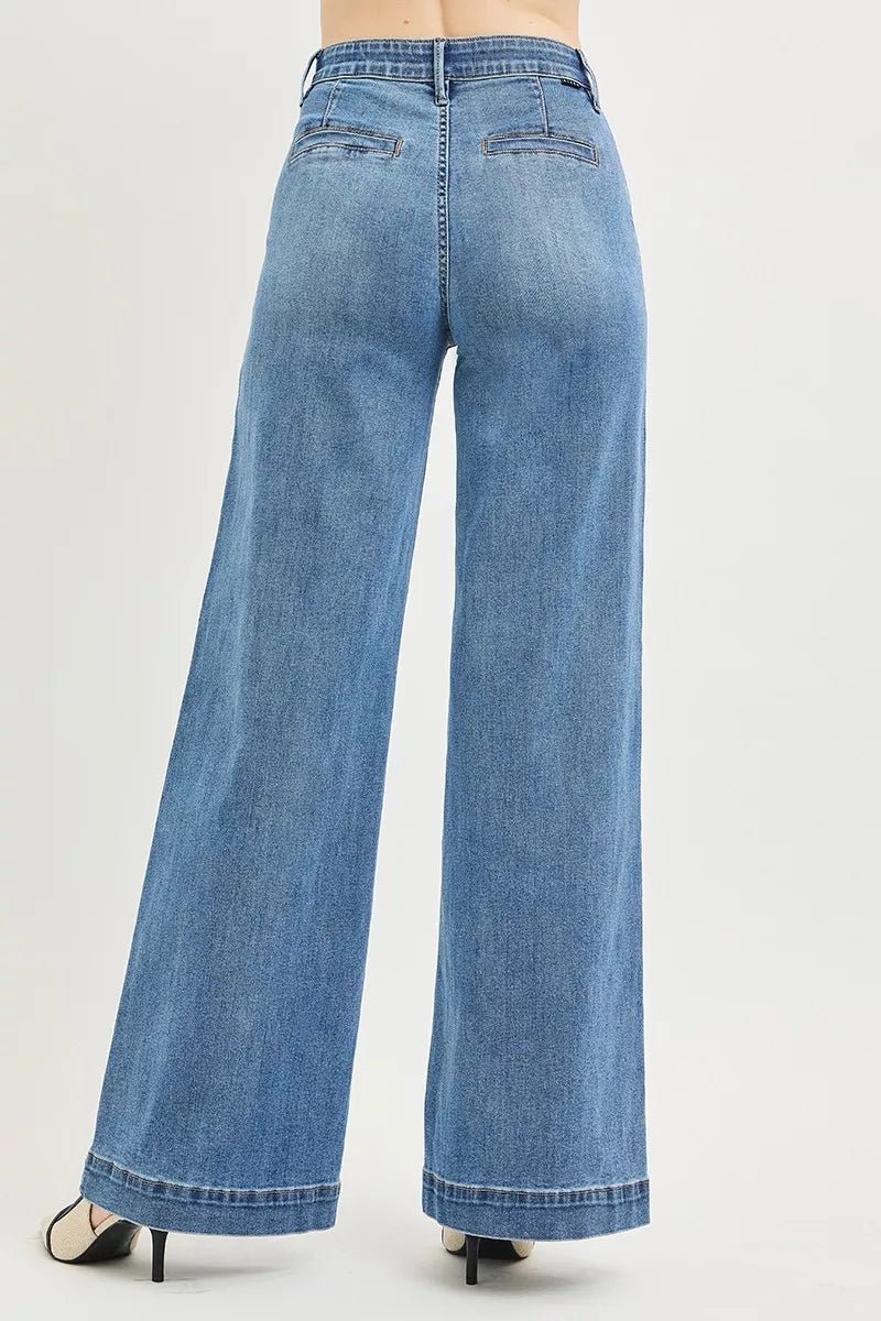 RISEN Tummy Control Elastic Band High Rise Wide Jeans - Bitsy Gypsy Boutique