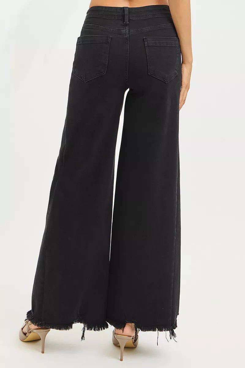 RISEN Tummy Control High Rise Palazzo Leg Frayed Hem Jeans - Bitsy Gypsy Boutique