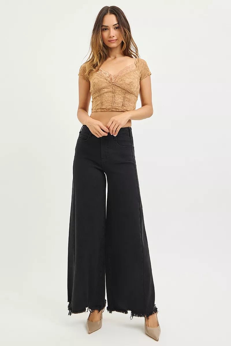RISEN Tummy Control High Rise Palazzo Leg Frayed Hem Jeans - Bitsy Gypsy Boutique