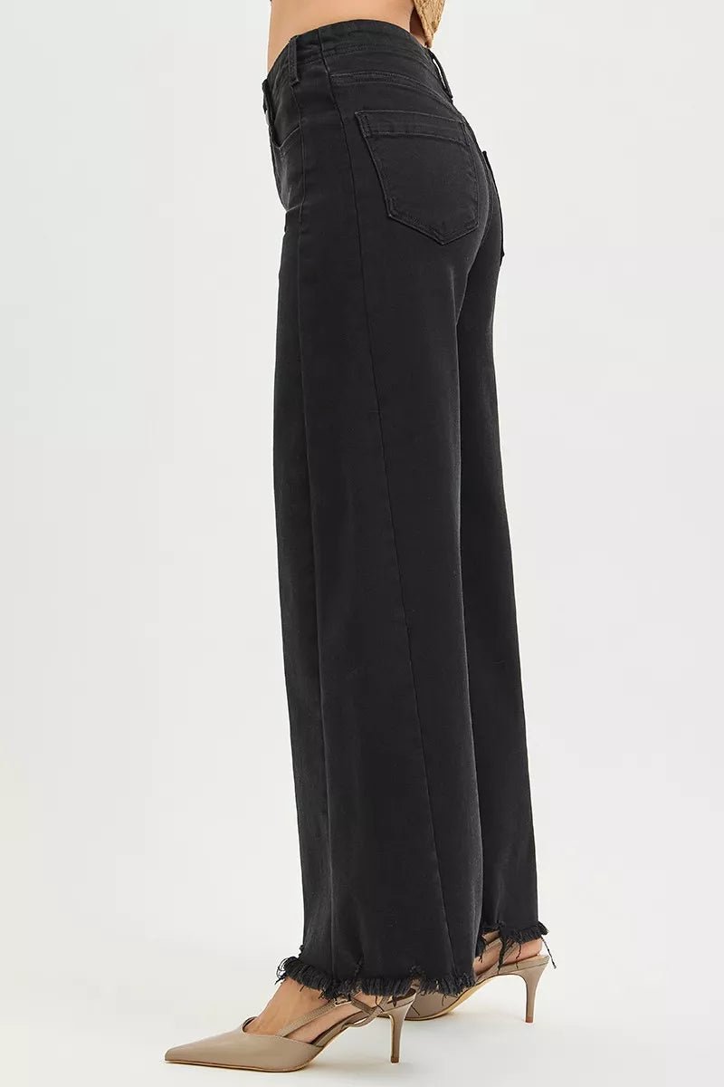 RISEN Tummy Control High Rise Palazzo Leg Frayed Hem Jeans - Bitsy Gypsy Boutique