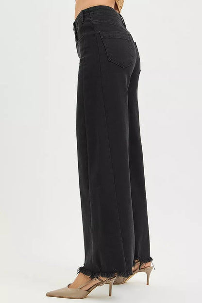 RISEN Tummy Control High Rise Palazzo Leg Frayed Hem Jeans - Bitsy Gypsy Boutique
