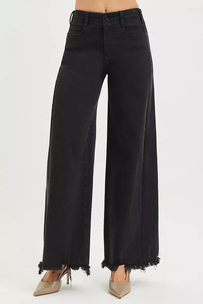 RISEN Tummy Control High Rise Palazzo Leg Frayed Hem Jeans - Bitsy Gypsy Boutique