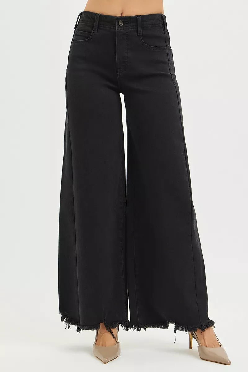 RISEN Tummy Control High Rise Palazzo Leg Frayed Hem Jeans - Bitsy Gypsy Boutique