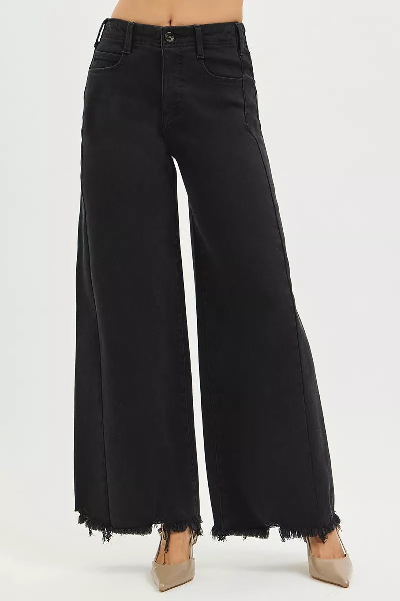 RISEN Tummy Control High Rise Palazzo Leg Frayed Hem Jeans - Bitsy Gypsy Boutique