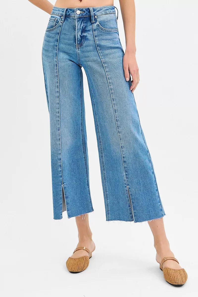 RISEN Tummy Control Mid Rise Crop Wide Front Slit Jeans - Bitsy Gypsy Boutique