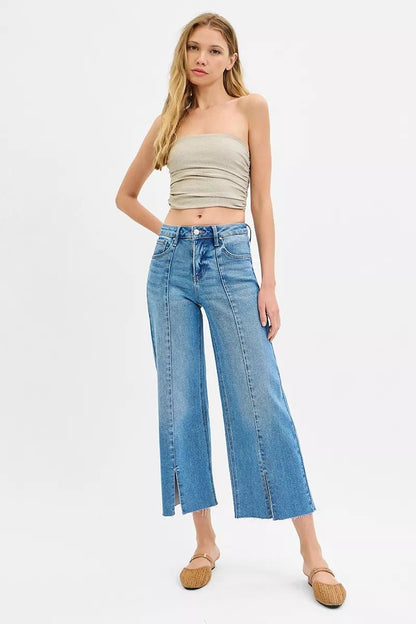 RISEN Tummy Control Mid Rise Crop Wide Front Slit Jeans - Bitsy Gypsy Boutique