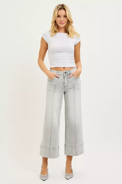 RISEN Tummy Control Mid Rise Crop Wide Pintuck Front Jeans - Bitsy Gypsy Boutique