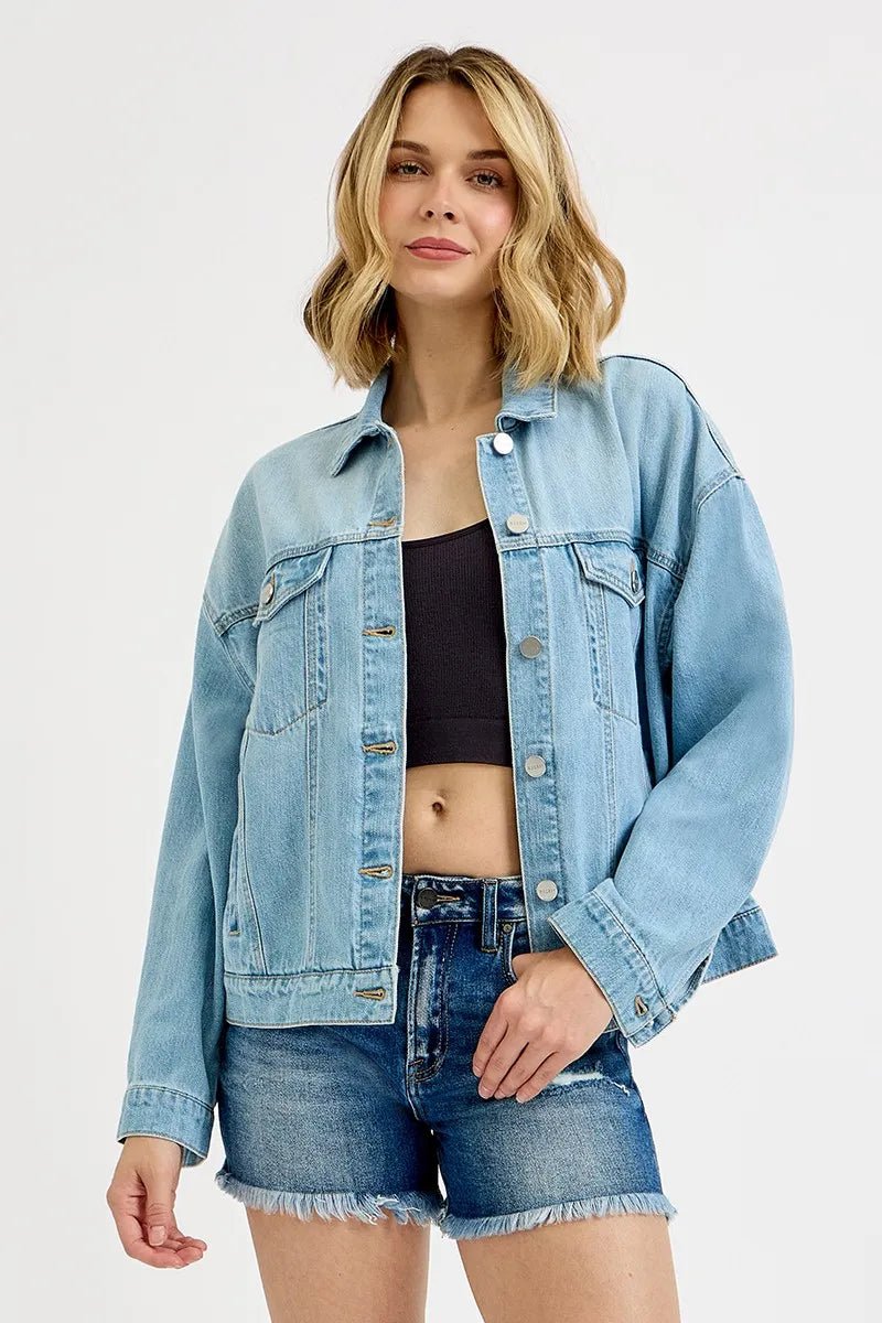 RISEN Washed Dropped Shoulder Denim Jacket - Bitsy Gypsy Boutique