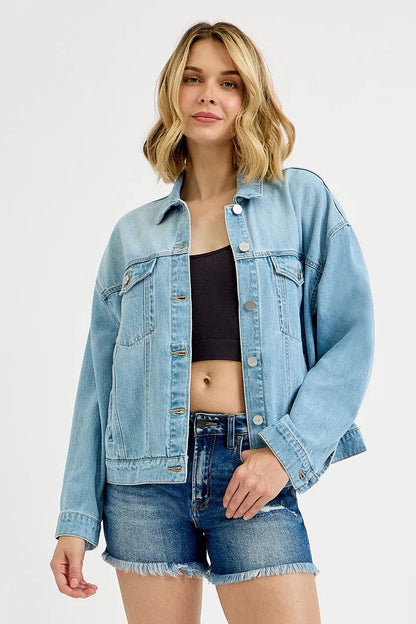 RISEN Washed Dropped Shoulder Denim Jacket - Bitsy Gypsy Boutique