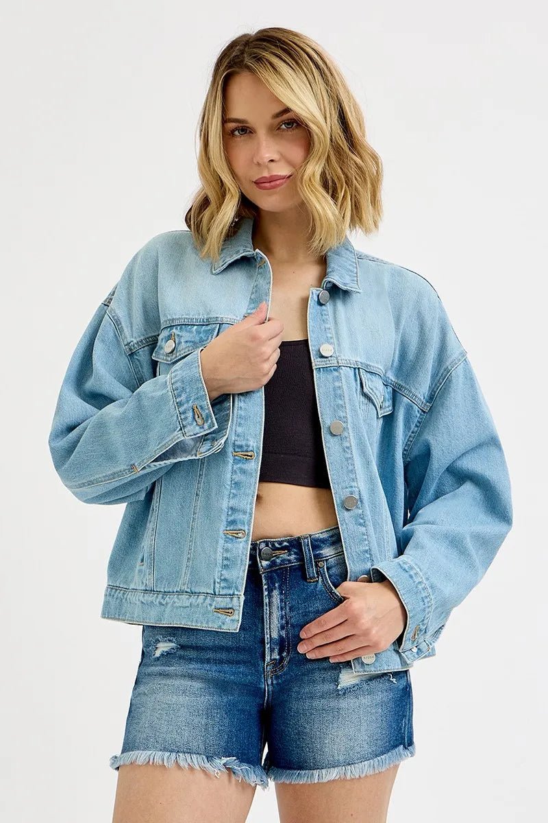 RISEN Washed Dropped Shoulder Denim Jacket - Bitsy Gypsy Boutique