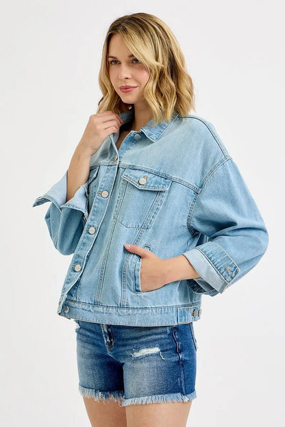 RISEN Washed Dropped Shoulder Denim Jacket - Bitsy Gypsy Boutique