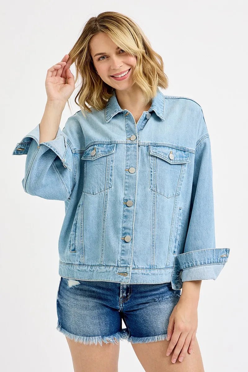 RISEN Washed Dropped Shoulder Denim Jacket - Bitsy Gypsy Boutique