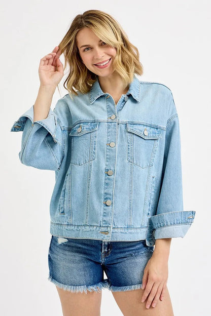 RISEN Washed Dropped Shoulder Denim Jacket - Bitsy Gypsy Boutique