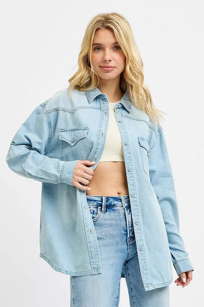 RISEN Western Yoke Style Relaxed Fit Denim Shirts - Bitsy Gypsy Boutique