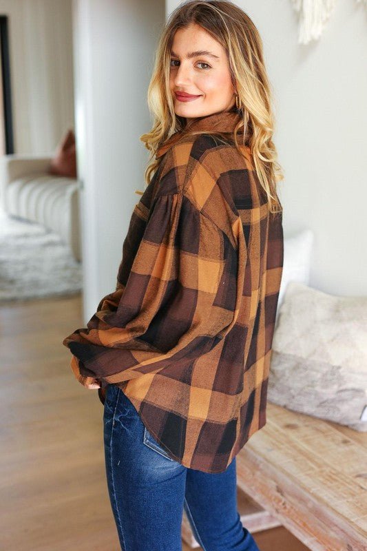 Rock'n Plaid Camel & Charcoal Button Down Oversized Shirt - Bitsy Gypsy Boutique