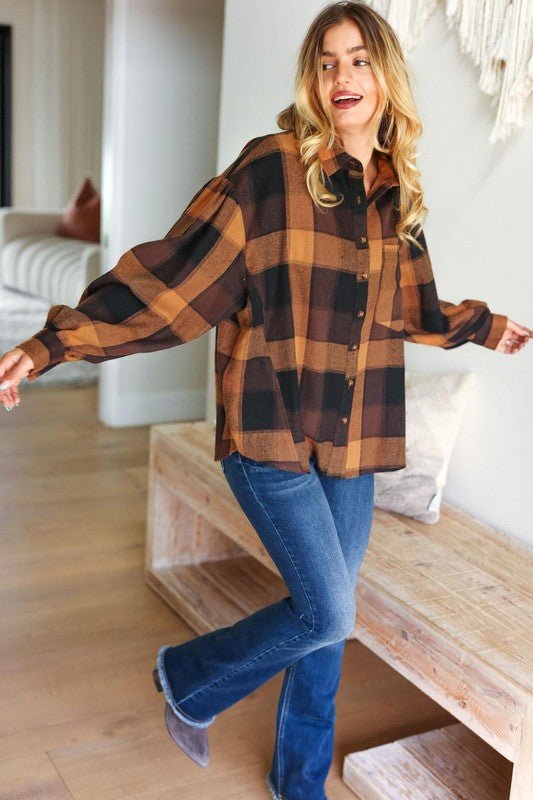 Rock'n Plaid Camel & Charcoal Button Down Oversized Shirt - Bitsy Gypsy Boutique