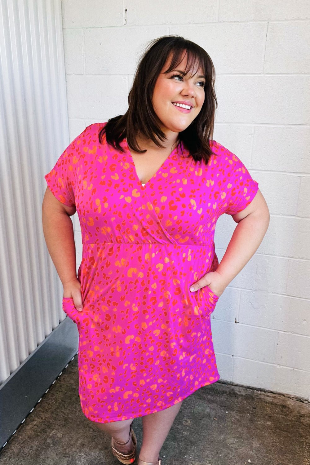 Rose Leopard Surplice V Neck Pocketed Dress - Bitsy Gypsy Boutique