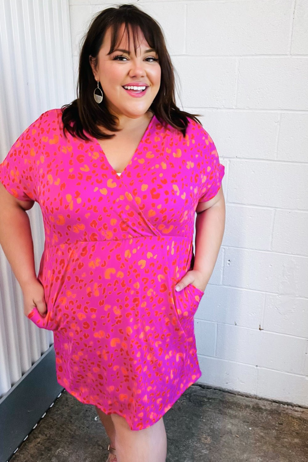 Rose Leopard Surplice V Neck Pocketed Dress - Bitsy Gypsy Boutique