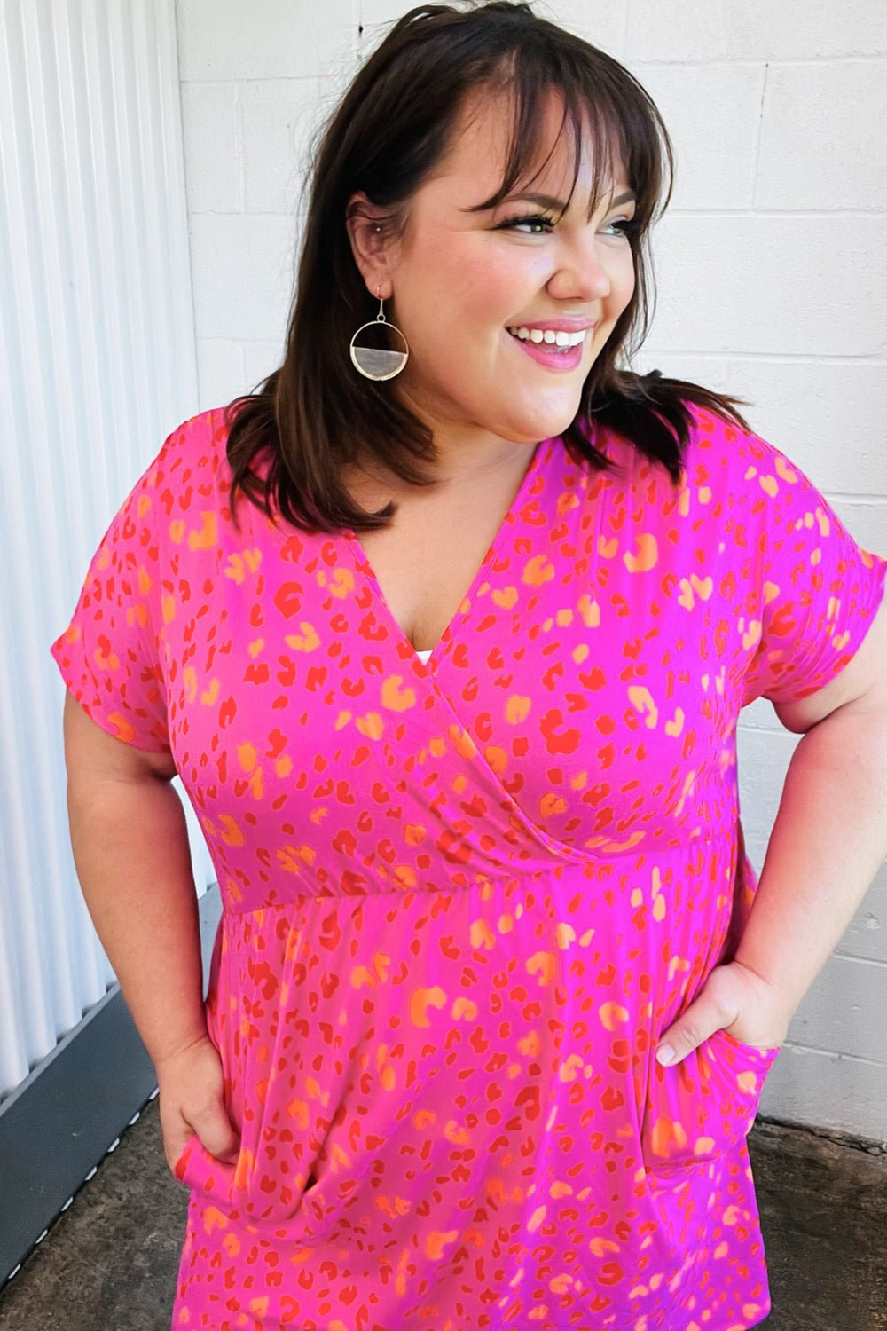 Rose Leopard Surplice V Neck Pocketed Dress - Bitsy Gypsy Boutique