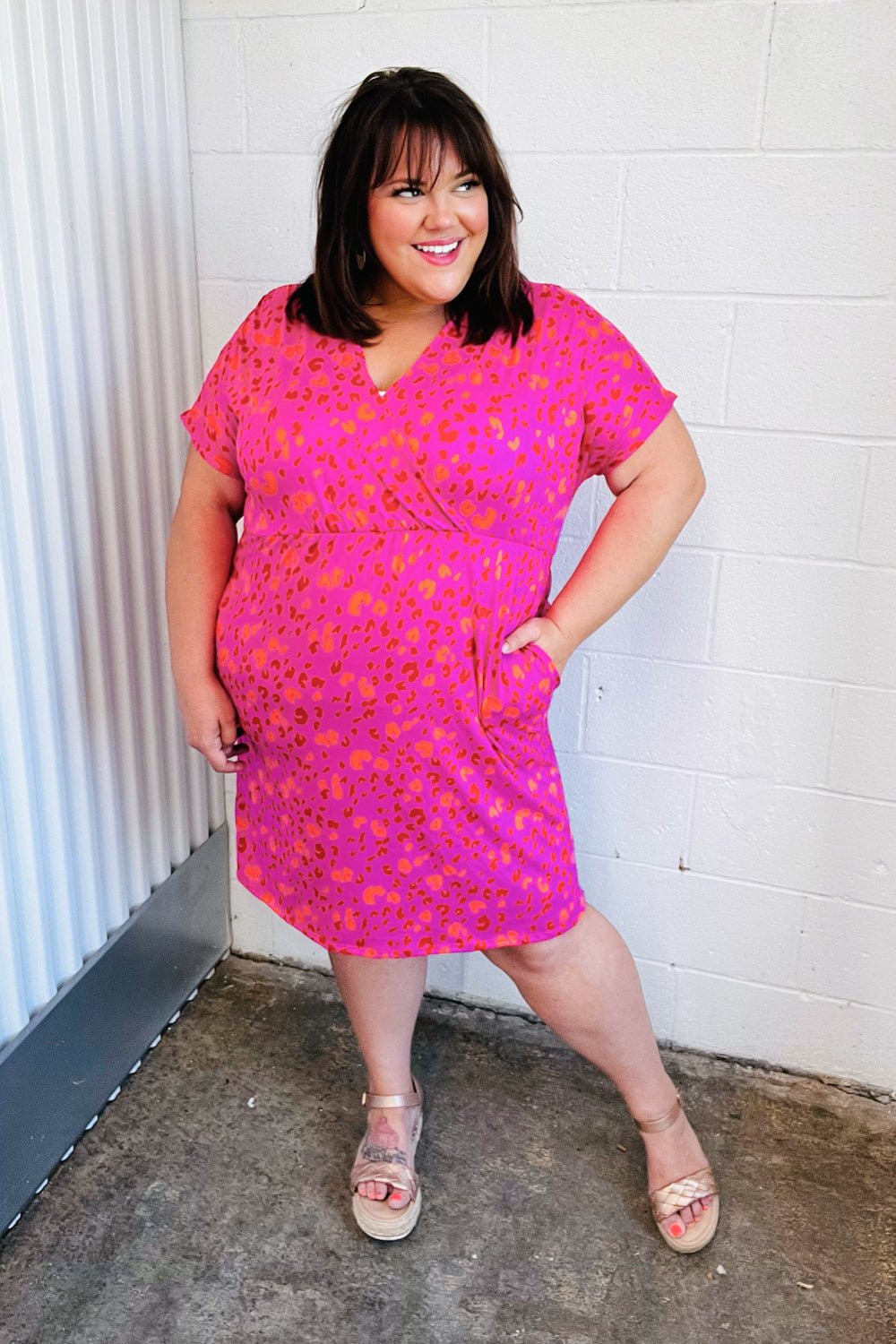 Rose Leopard Surplice V Neck Pocketed Dress - Bitsy Gypsy Boutique