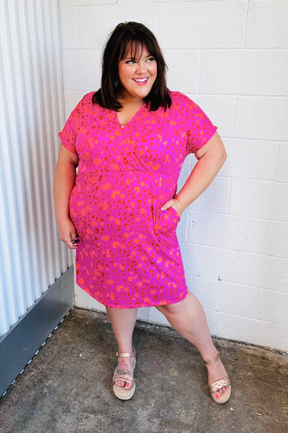 Rose Leopard Surplice V Neck Pocketed Dress - Bitsy Gypsy Boutique