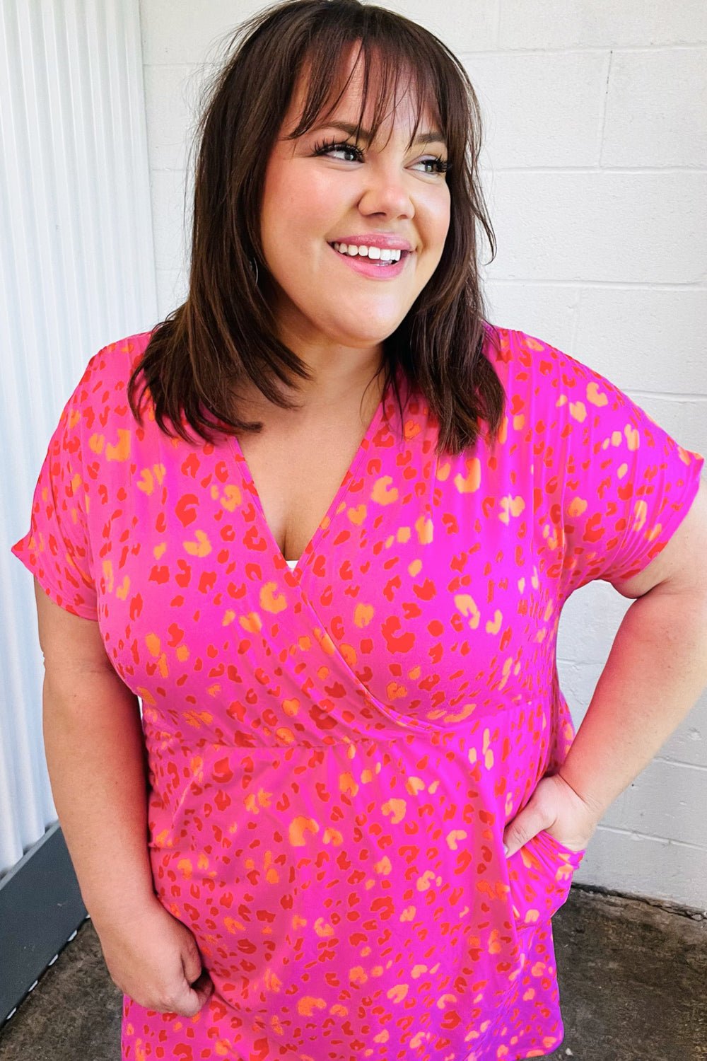 Rose Leopard Surplice V Neck Pocketed Dress - Bitsy Gypsy Boutique