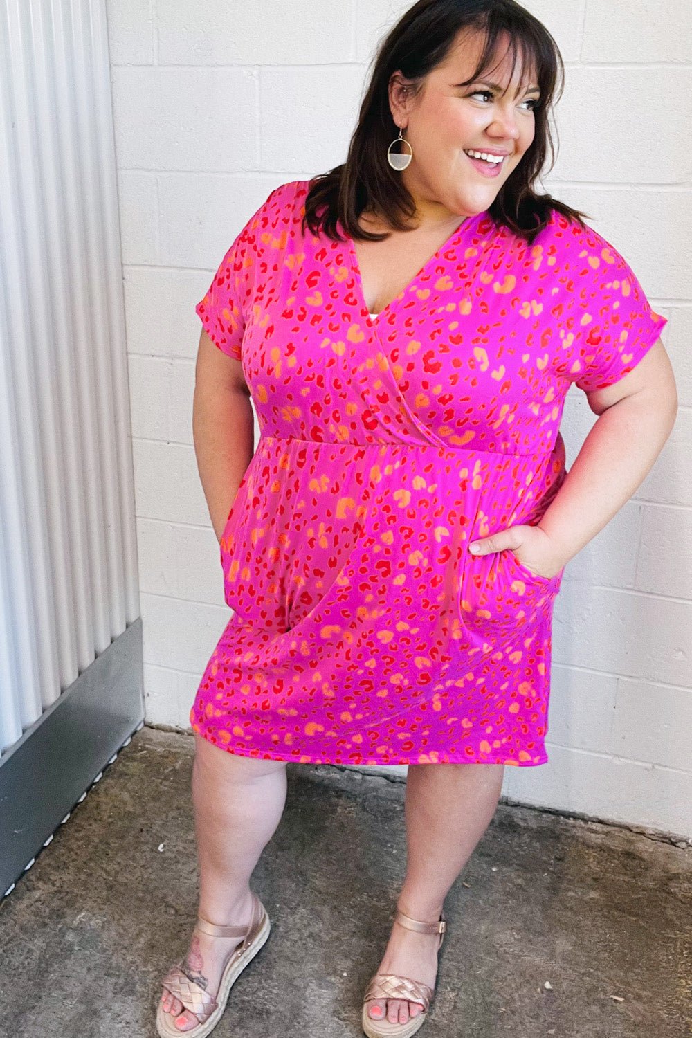 Rose Leopard Surplice V Neck Pocketed Dress - Bitsy Gypsy Boutique