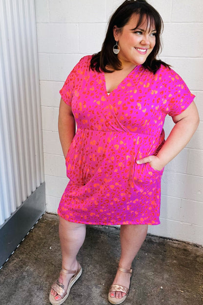 Rose Leopard Surplice V Neck Pocketed Dress - Bitsy Gypsy Boutique