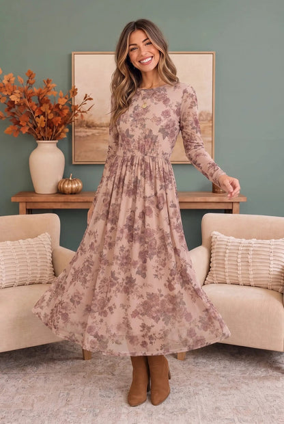 Rosewood Dreams Floral Mesh Midi Dress - Bitsy Gypsy Boutique