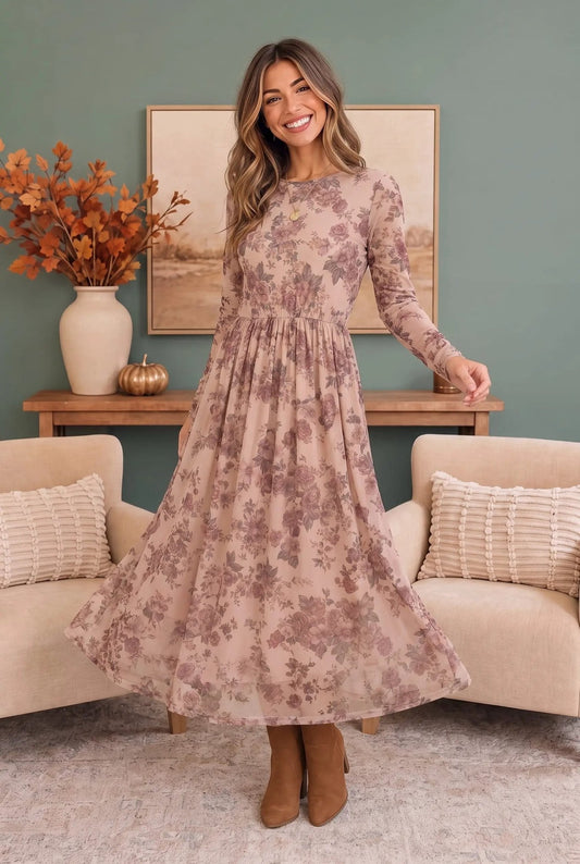 Rosewood Dreams Floral Mesh Midi Dress - Bitsy Gypsy Boutique