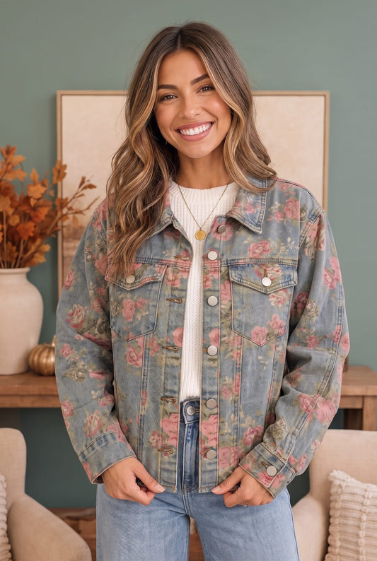 Rosy Days Floral Denim Jacket - Bitsy Gypsy Boutique