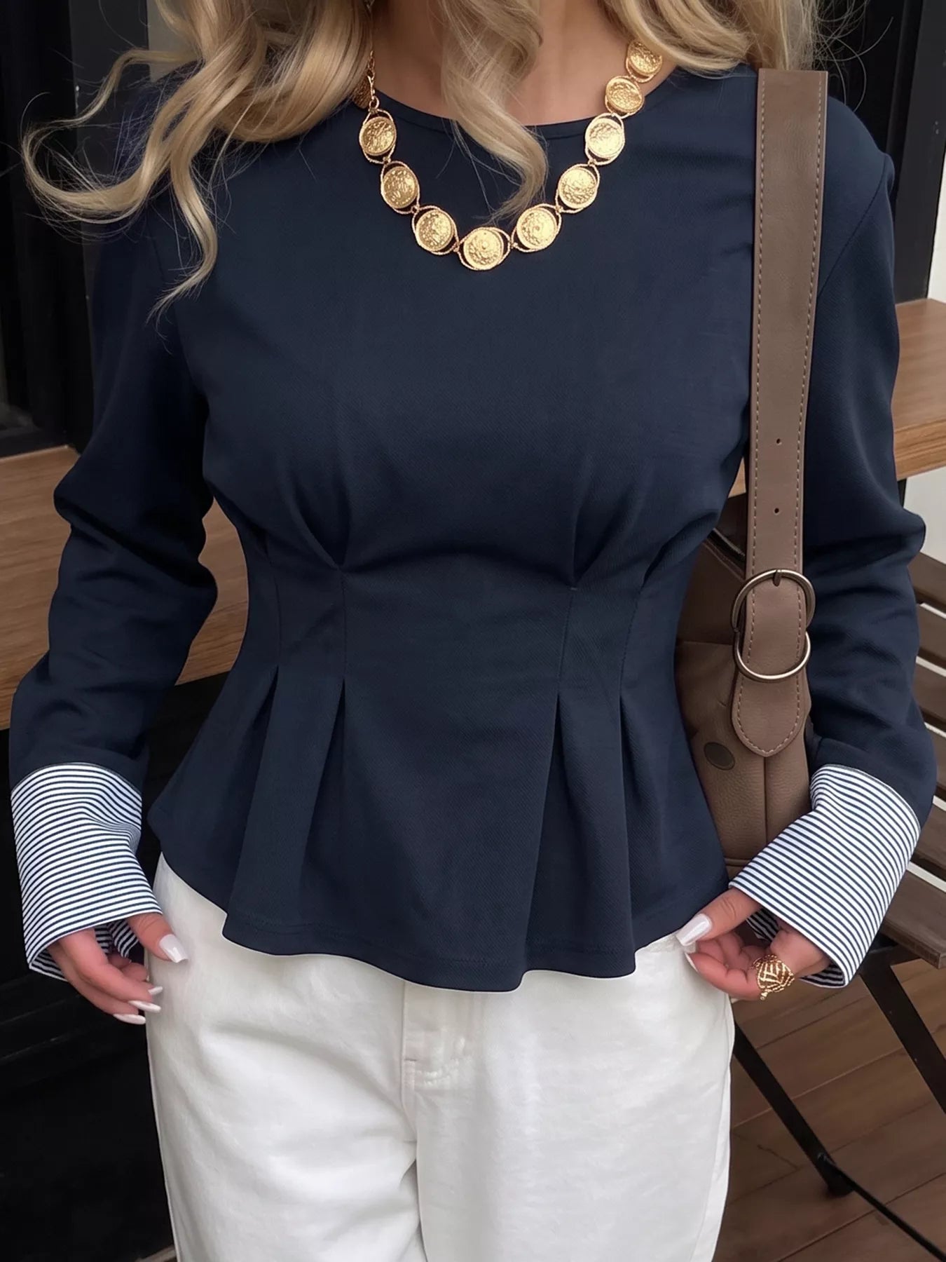 Round Neck Peplum Top with Striped Cuffs - Bitsy Gypsy Boutique