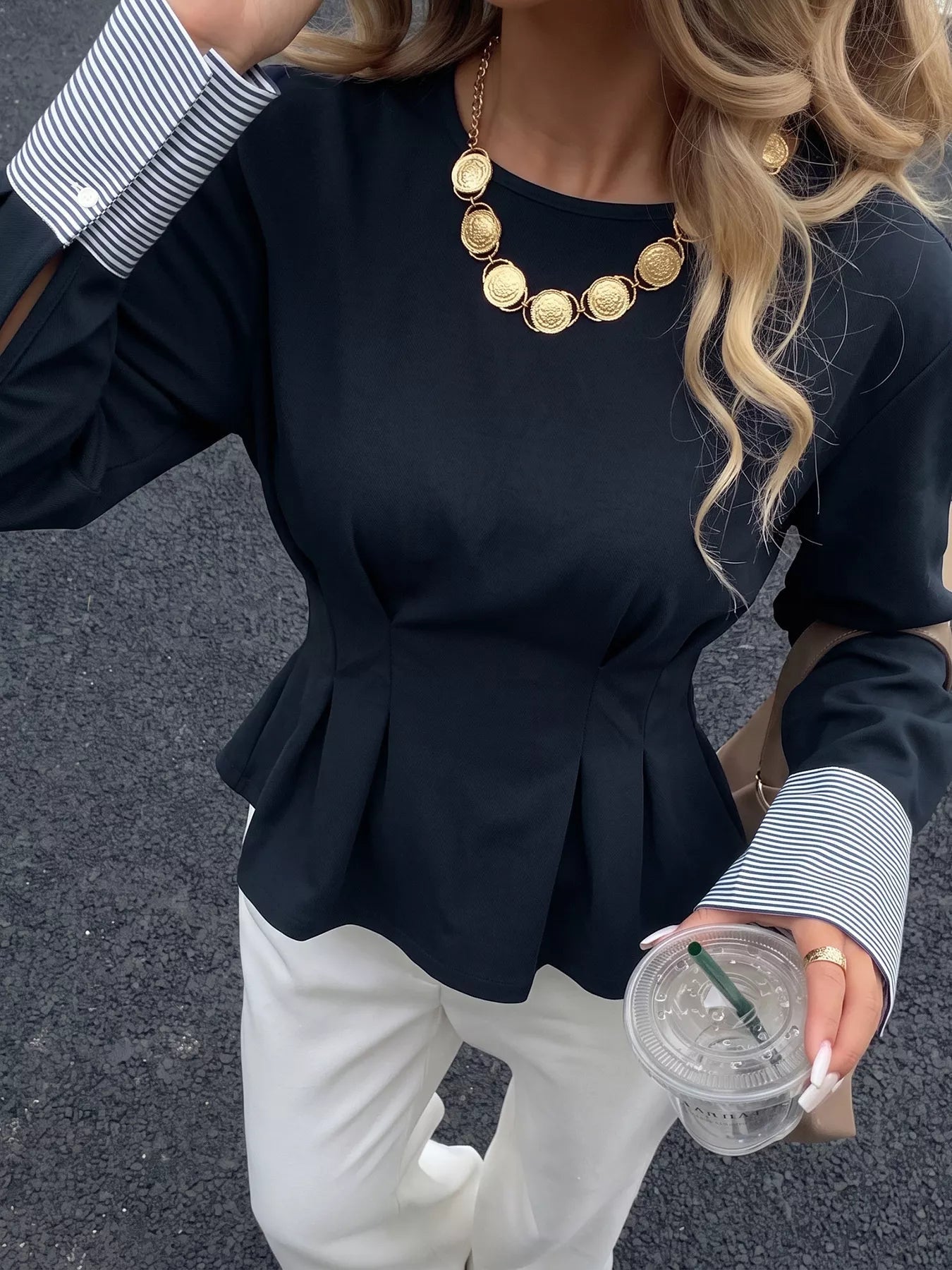 Round Neck Peplum Top with Striped Cuffs - Bitsy Gypsy Boutique