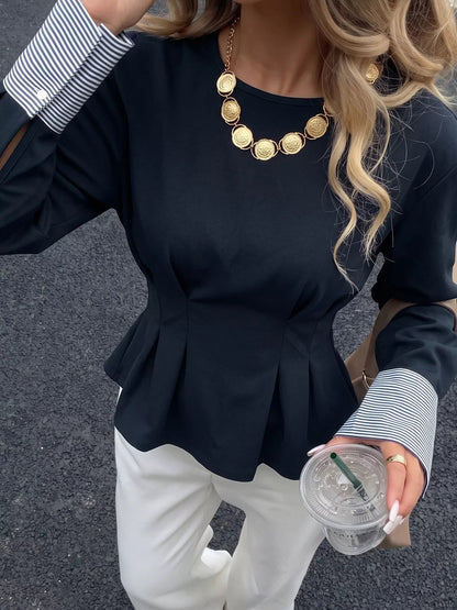 Round Neck Peplum Top with Striped Cuffs - Bitsy Gypsy Boutique