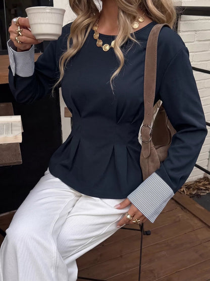 Round Neck Peplum Top with Striped Cuffs - Bitsy Gypsy Boutique