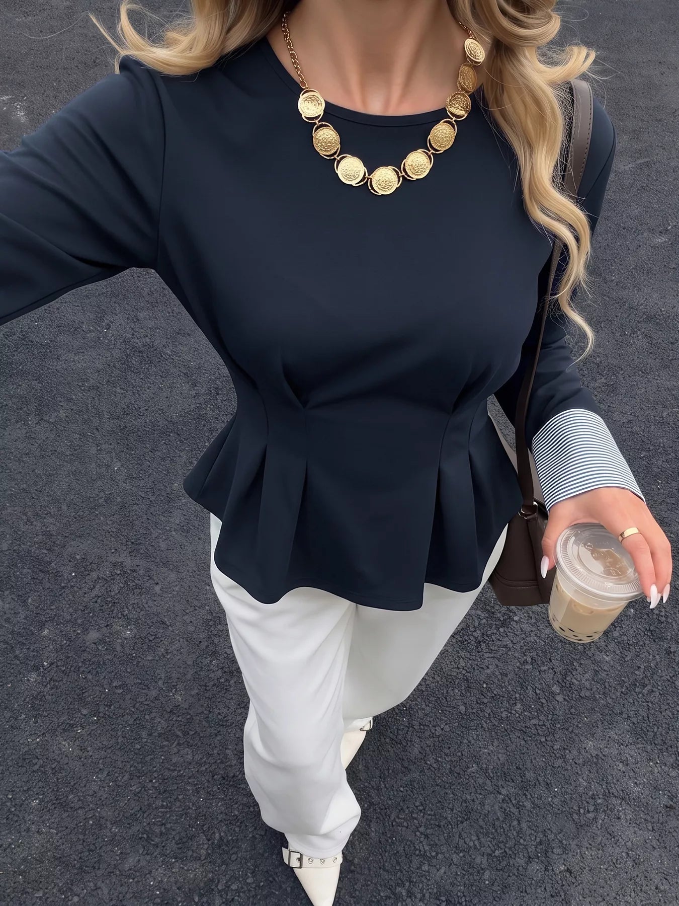 Round Neck Peplum Top with Striped Cuffs - Bitsy Gypsy Boutique