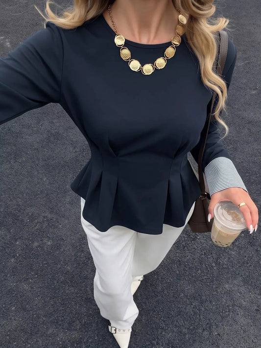 Round Neck Peplum Top with Striped Cuffs by Trendsi
