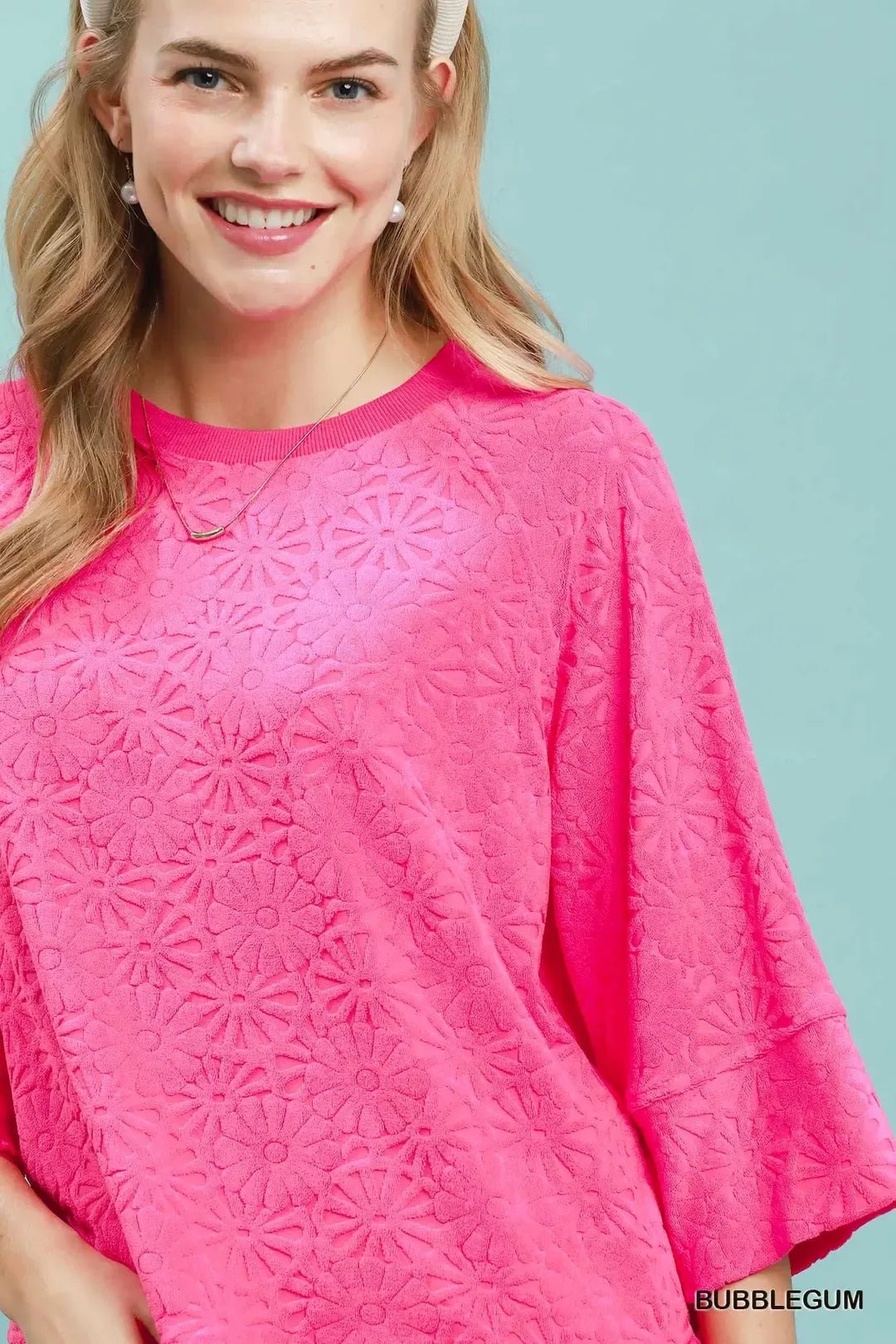 Round Neck Textured Floral Terry Blouse - Bitsy Gypsy Boutique
