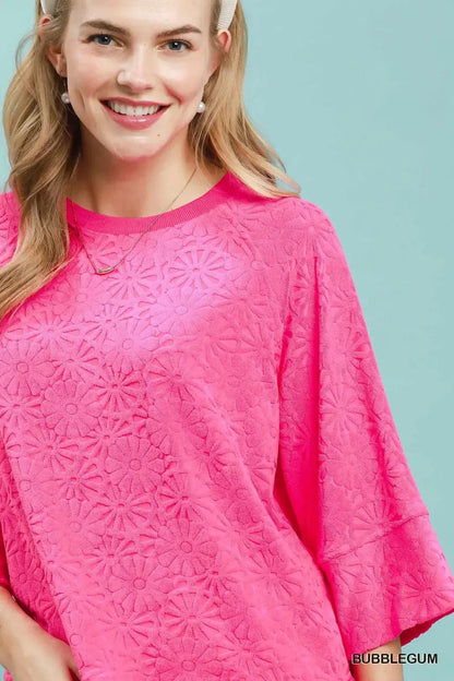 Round Neck Textured Floral Terry Blouse - Bitsy Gypsy Boutique