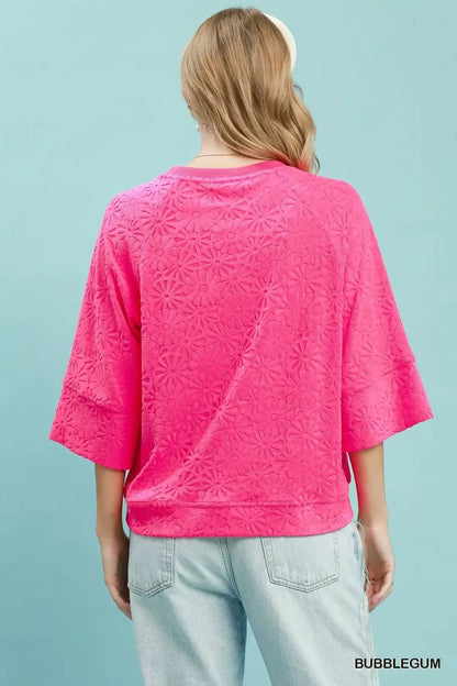 Round Neck Textured Floral Terry Blouse - Bitsy Gypsy Boutique