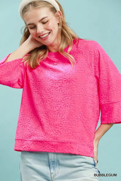 Round Neck Textured Floral Terry Blouse - Bitsy Gypsy Boutique