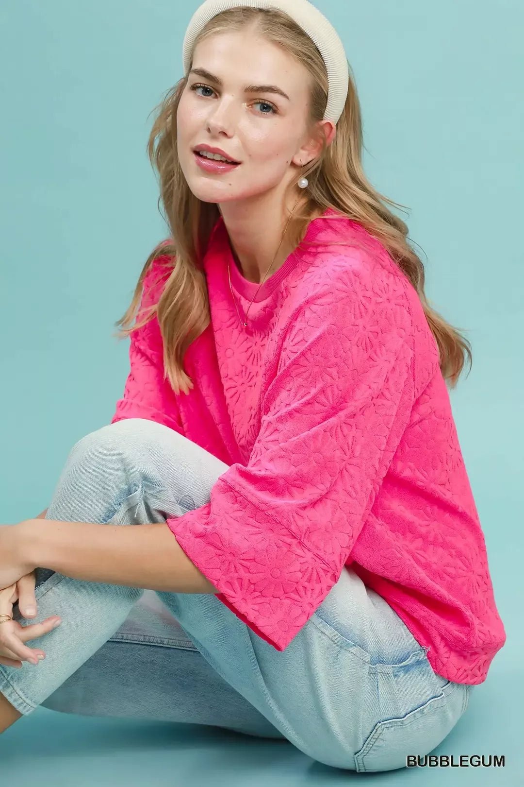 Round Neck Textured Floral Terry Blouse - Bitsy Gypsy Boutique