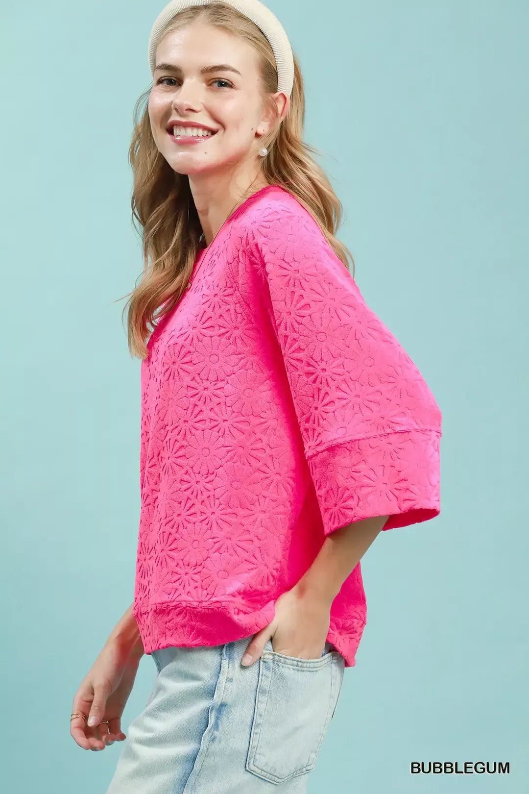 Round Neck Textured Floral Terry Blouse - Bitsy Gypsy Boutique