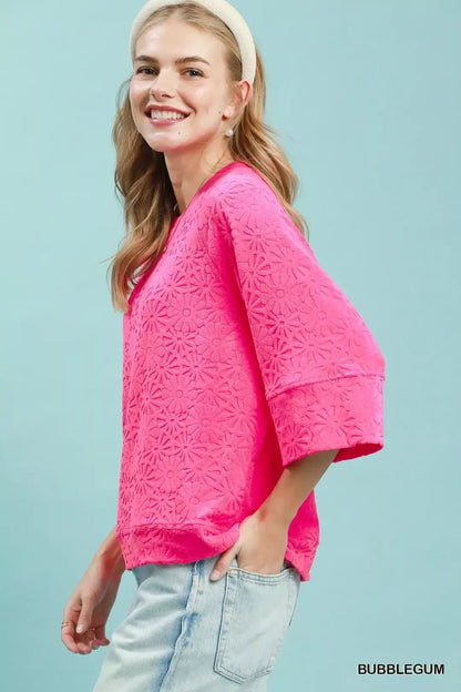 Round Neck Textured Floral Terry Blouse - Bitsy Gypsy Boutique