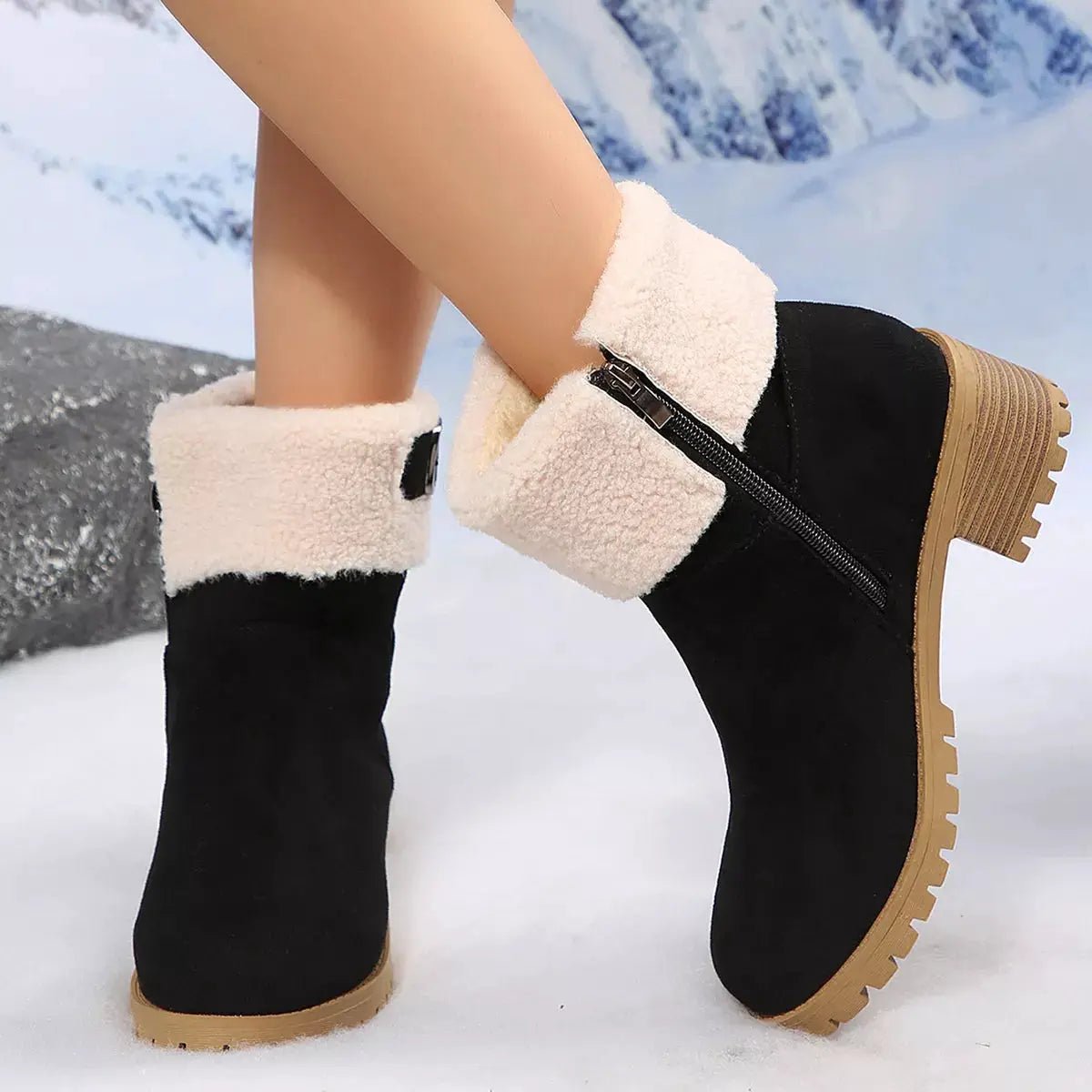 Round Toe Block Heel Suede Ankle Boots Fluff Cuff - Bitsy Gypsy Boutique