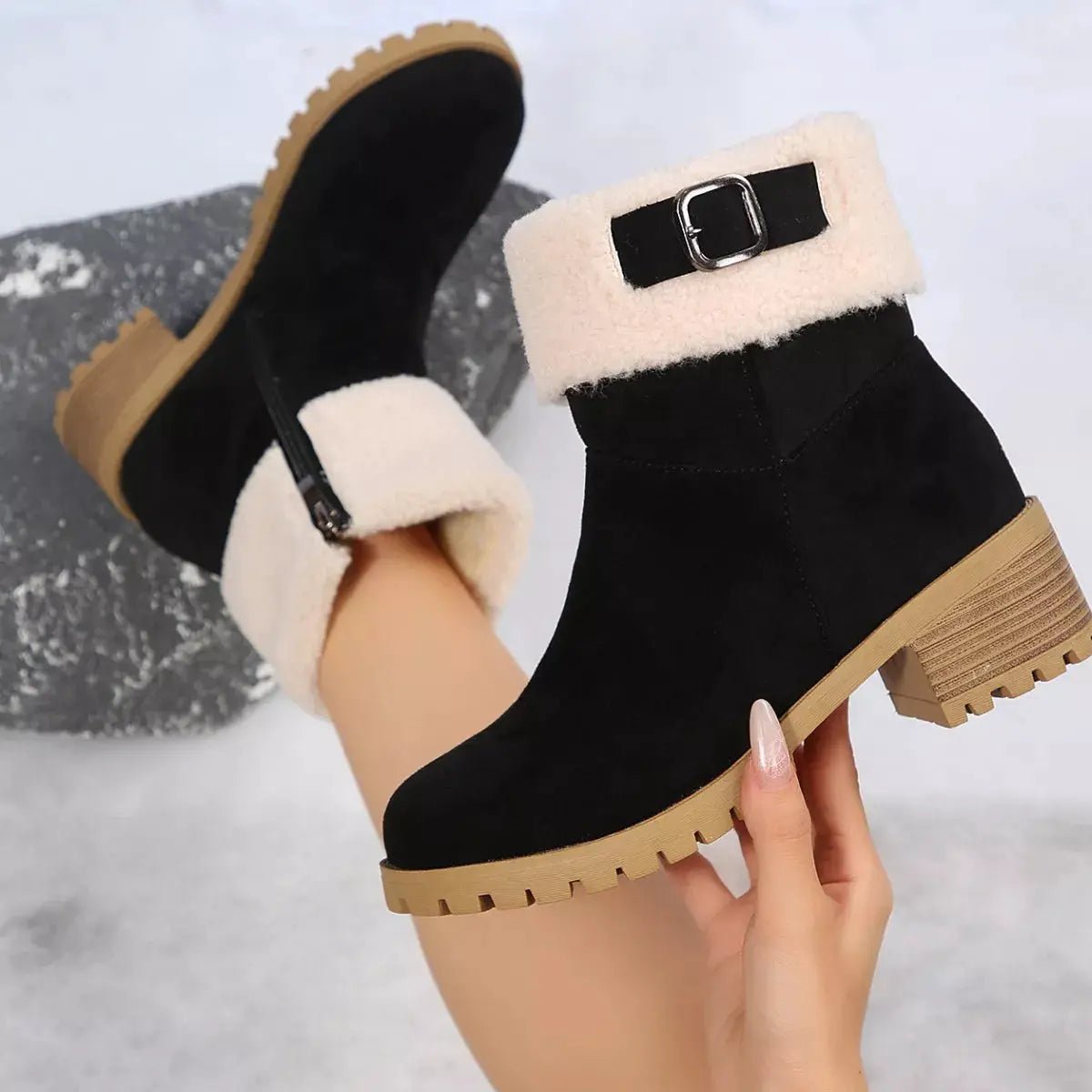 Round Toe Block Heel Suede Ankle Boots Fluff Cuff - Bitsy Gypsy Boutique