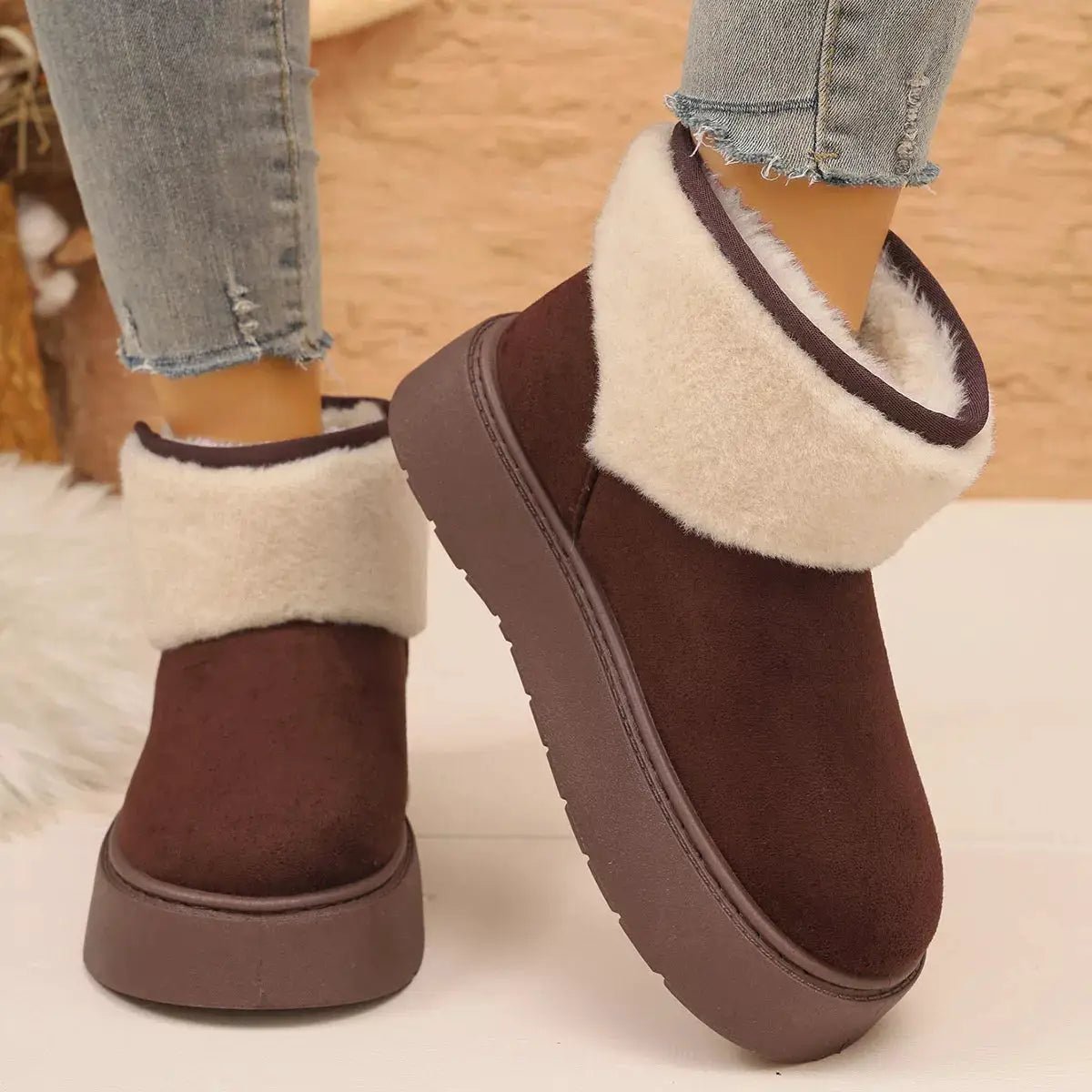 Round Toe Suede Platform Boots With Fluff Cuff - Bitsy Gypsy Boutique