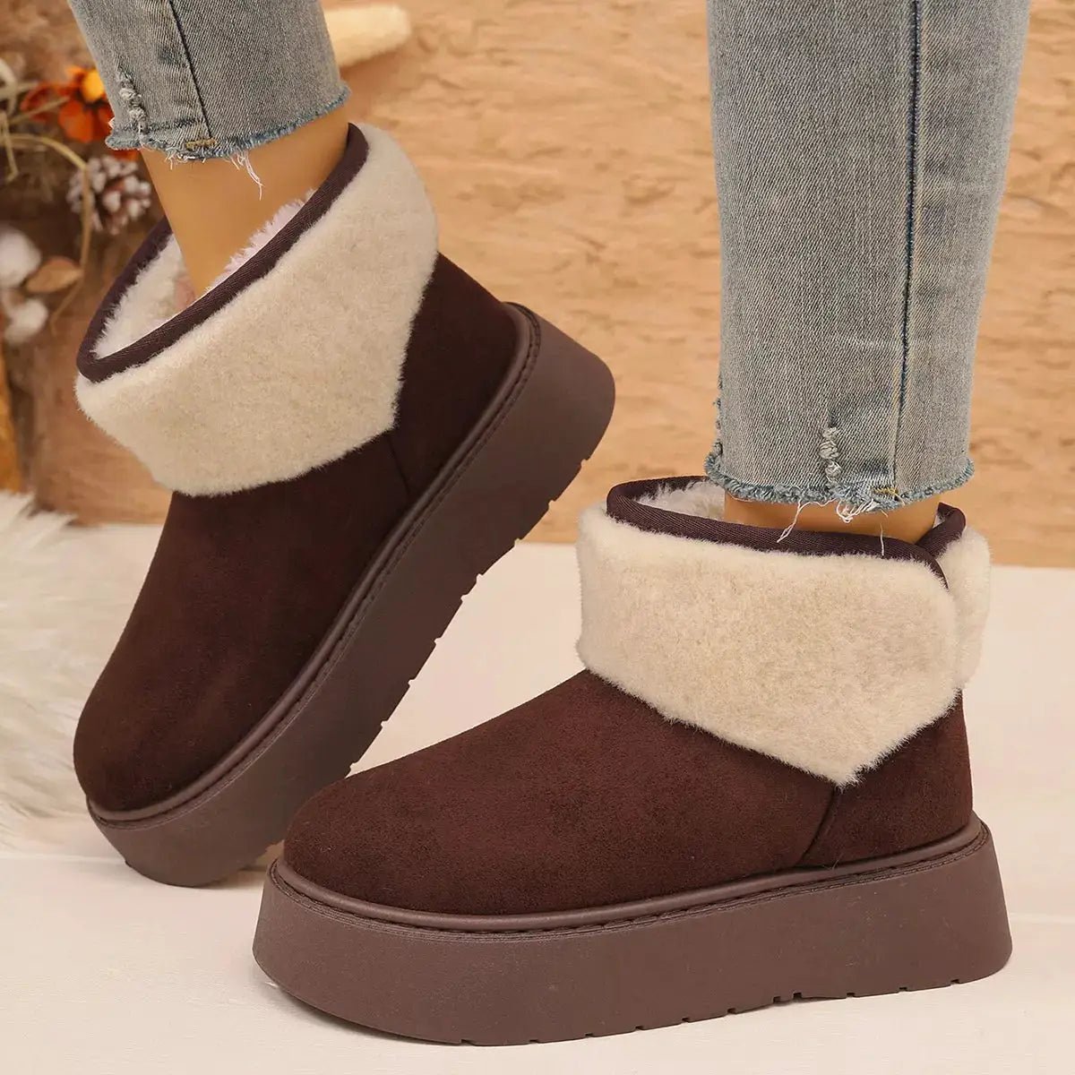 Round Toe Suede Platform Boots With Fluff Cuff - Bitsy Gypsy Boutique
